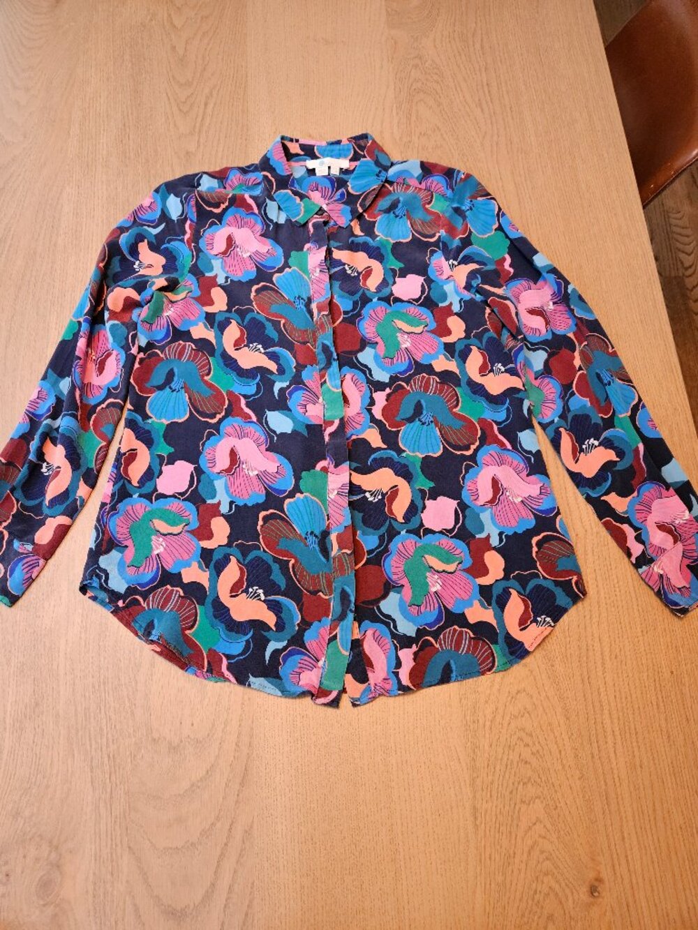 Boden The Silk Shirt 100% Silk Navy Floral Button Down Blouse US 8 UK 12